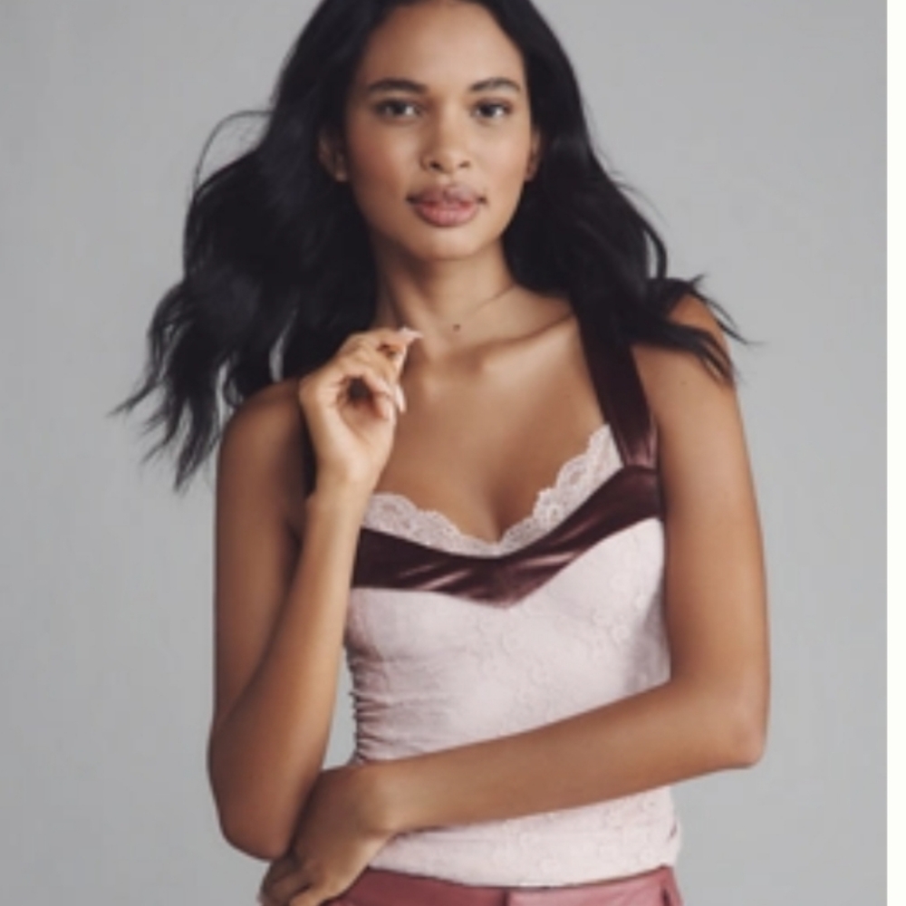 NWT By Anthropologie Velvet-Trim Lace Tank Top